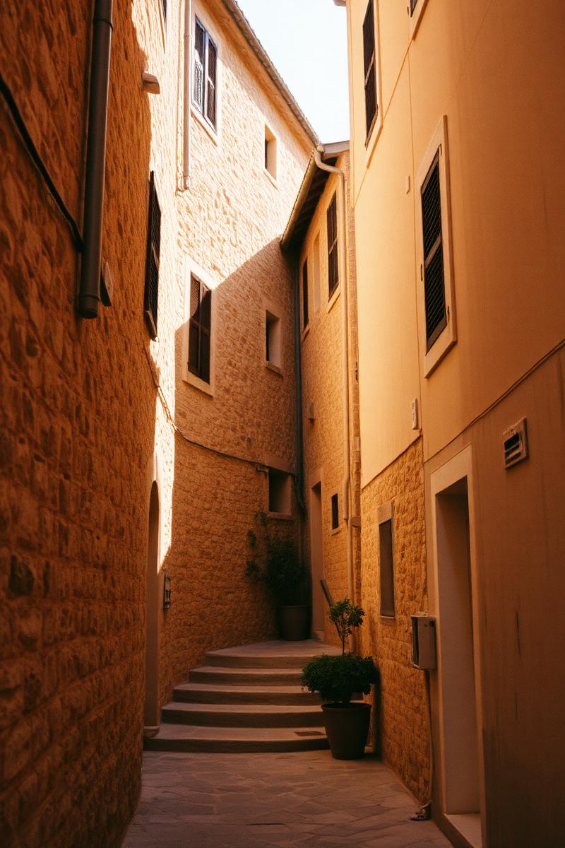 Sun-drenched stone alleyway in a Mediterranean village